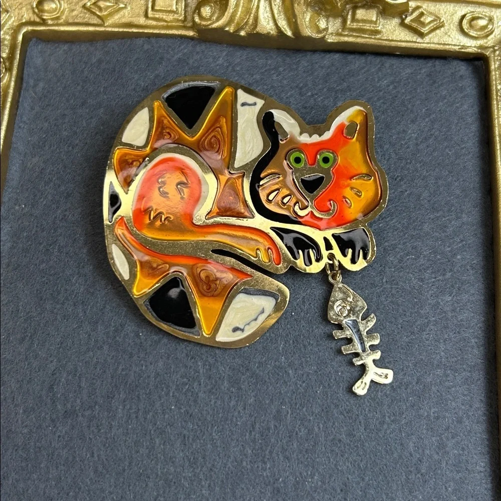 Colorful Cat Brooch with Fish Charm